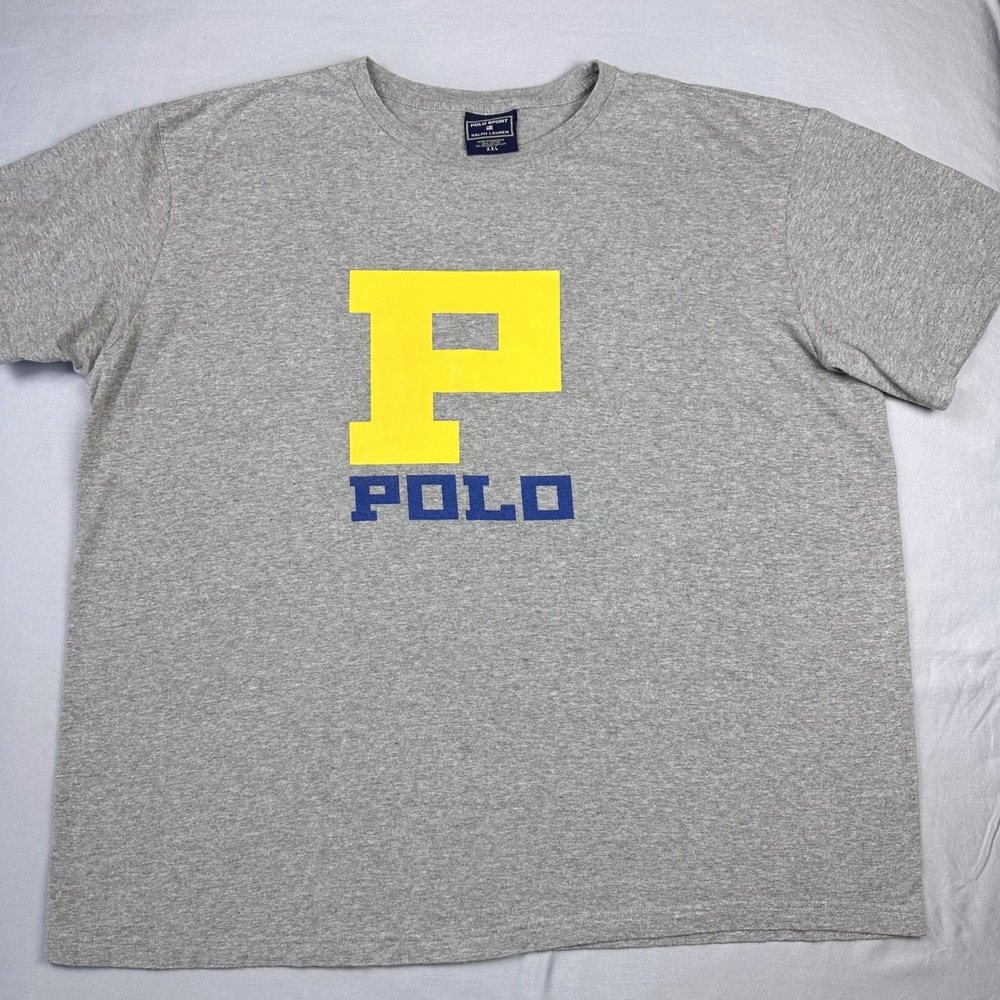 Vintage Polo Sport T Shirt XXL Gray‎ Yellow P Logo 90s Y2K Ralph Lauren Varsity